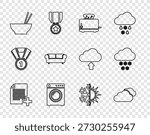 Set line Add new file, Cloud, Toaster with toasts, Washer, Bowl chopsticks, Sofa, Sun and snowflake and  icon. Vector