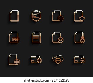 Set line Add new file, Delete folder, Document, Cloud and shield, check mark, lock and  icon. Vector