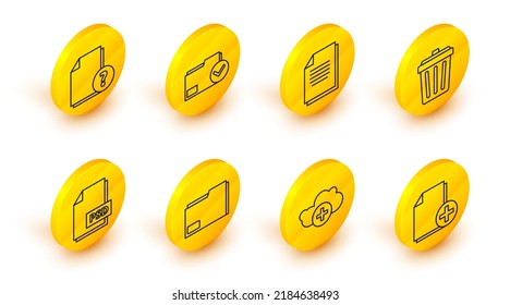 Set line Add new file, cloud, Document folder, PSD document, Trash can, and check mark and Unknown icon. Vector