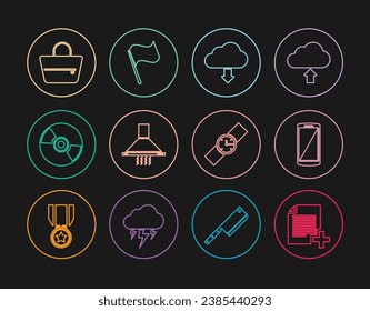 Set line Add new file, Smartphone, mobile phone, Cloud download, Kitchen extractor fan, CD DVD disk, Handbag, Wrist watch and Flag icon. Vector