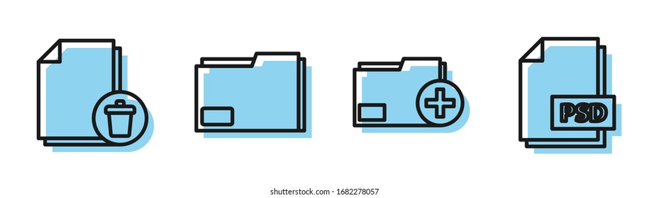 Set line Add new folder, Delete file document, Document folder and PSD file document icon. Vector