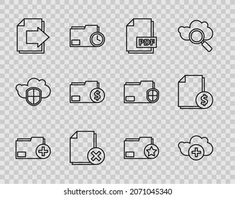 Set line Add new folder, cloud, PDF file document, Delete, Next page arrow, Finance, Document with star and  icon. Vector