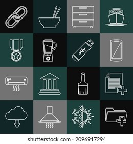 Set line Add new folder, file, Smartphone, mobile phone, Furniture nightstand, Blender, Medal with star, Chain link and USB flash drive icon. Vector