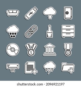 Set line Add new folder, Medal with star, Furniture nightstand, Cloud upload, Chain link, snow, Sofa and Paint brush icon. Vector