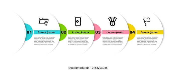 Set line Add new folder, Safe, Medal and Flag. Business infographic template. Vector