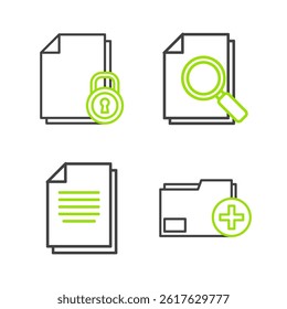 Set line Add new folder, Document, with search and and lock icon. Vector