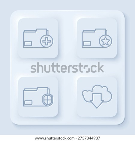 Set line Add new folder, Document folder with star, Document folder protection and Cloud download. White square button. Vector