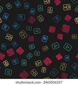 Set line Add to playlist, Play button, Speaker mute and Music on seamless pattern. Vector