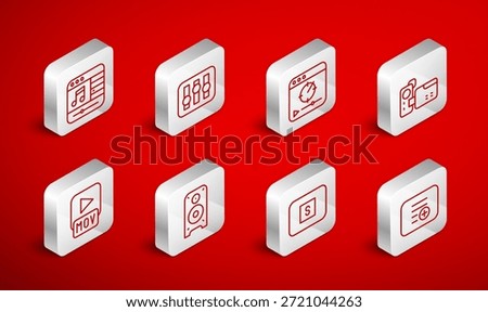 Set line Add to playlist, Sound mixer controller, Online video, Cinema camera, Stop media button, Music player, Stereo speaker and MOV file icon. Vector