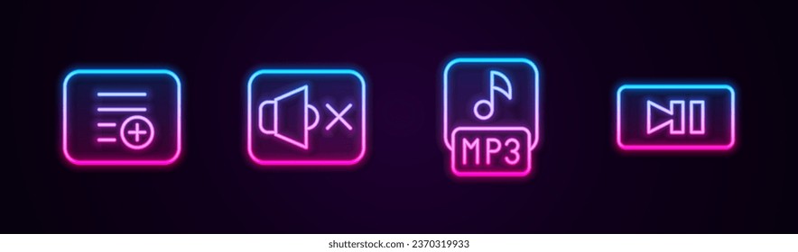 Set line Add to playlist, Speaker mute, MP3-Datei und Pause-Taste. Leuchtendes Neonsymbol. Vektorgrafik