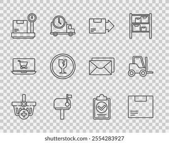 Set line Add to Shopping basket, Carton cardboard box, Mail, Scale with, Fragile broken glass, Verification of delivery list clipboard and Forklift truck icon. Vector