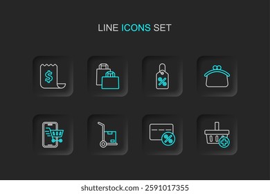 Set line Add to Shopping basket, Discount card with percent, Hand truck and boxes, Mobile shopping cart, Wallet, tag, Paper bag and check financial check icon. Vector