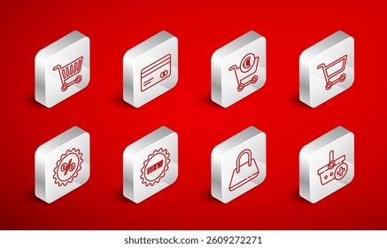 Set line Add to Shopping basket, Credit card, cart and euro, Handbag, Price tag with text New and Discount percent icon. Vector