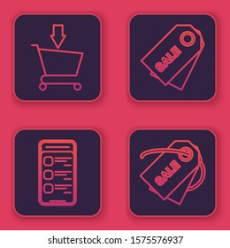 Set line Add to Shopping cart, Online shopping on mobile phone, Price tag with an inscription Sale and Price tag with an inscription Sale. Blue square button. Vector