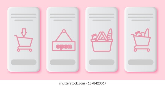 Set line Add to Shopping cart, Hanging sign with text Open door, Shopping basket and food and Shopping cart and food. White rectangle button. Vector