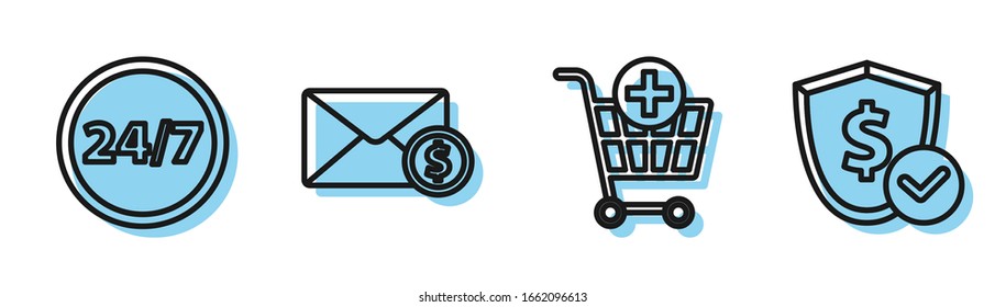 Set line Add to Shopping cart, Clock 24 hours, Envelope with coin dollar and Shield with dollar icon. Vector