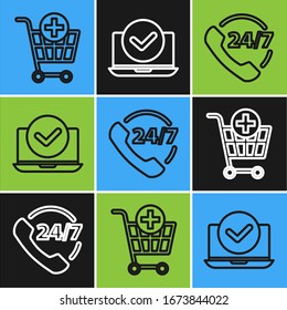 Set line Add to Shopping cart, Telephone 24 hours support and Laptop icon. Vector