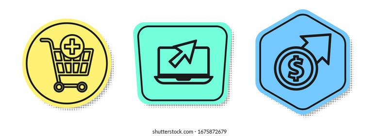 Set line Add to Shopping cart, Laptop and cursor and Financial growth and coin. Colored shapes. Vector