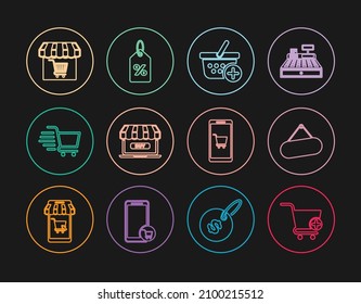 Set Line Add To Shopping Cart, Signboard Hanging, Basket, Online Shopping, Market Store With, Mobile And And Discount Percent Tag Icon. Vector