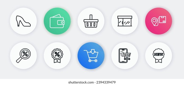 Set line Add to Shopping cart, Location with cardboard box, Magnifying glass percent, Mobile shopping, Market store, basket, Price tag New and Discount icon. Vector