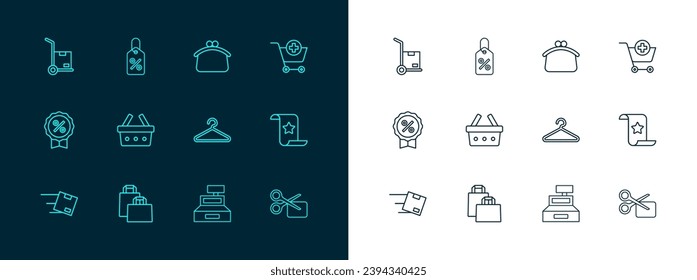 Set line Add to Shopping cart, Paper shopping bag, Hanger wardrobe, Cash register machine, basket, Wallet, Hand truck and boxes and Discount percent tag icon. Vector