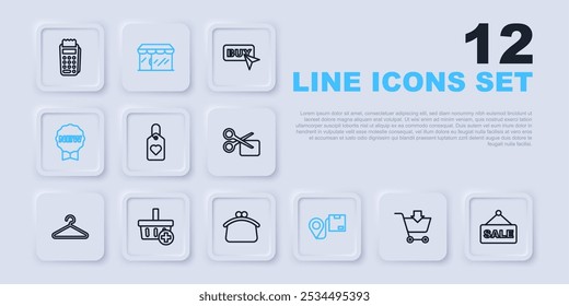 Set line Add to Shopping cart, Hanging sign with text Sale, Heart tag, Location cardboard box, Price New, basket, Market store and Wallet icon. Vector