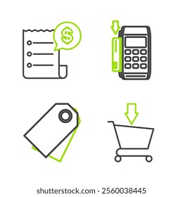 Set line Add to Shopping cart, Blank label template price tag, Pos terminal with inserted credit card and Paper check and financial check icon. Vector