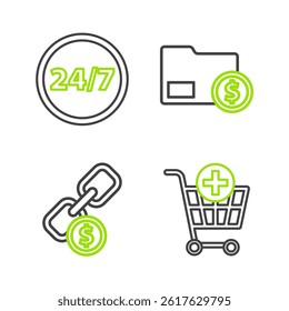 Set line Add to Shopping cart, Chain link and coin, Envelope with dollar and Clock 24 hours icon. Vector