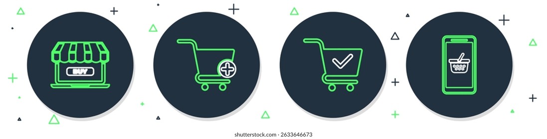 Set line Add to Shopping cart, with check mark, Online shopping and Mobile and basket icon. Vector