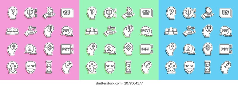 Set line Addiction to the drug, Psychology, Psi, Solution problem, Users group, Head with question mark and  icon. Vector