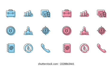 Set line Address book, Briefcase, Telephone handset, Project team base, Target, Yen and Presentation financial graph, schedule, chart, diagram, infographic, pie graph icon. Vector