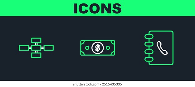 Set line Address book, Business hierarchy organogram chart infographics and Stacks paper money cash icon. Vector