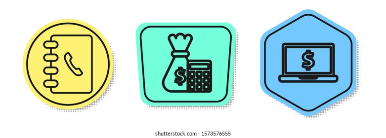 Set line Address book, Calculator with money bag and Laptop with dollar symbol. Colored shapes. Vector