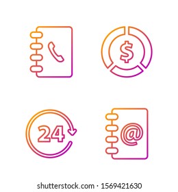 Set line Address book, Clock 24 hours, Address book and Coin money with dollar symbol. Gradient color icons. Vector