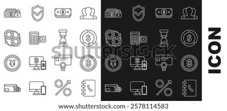 Set line Address book, Coin money with dollar symbol, Stacks paper cash, Calculator, Gear and arrows workflow process concept, Money lock and Old hourglass flowing sand icon. Vector