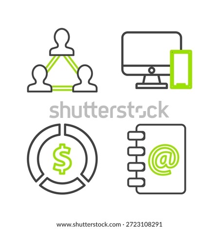 Set line Address book, Coin money with dollar symbol, Computer monitor and mobile phone and Project team base icon. Vector