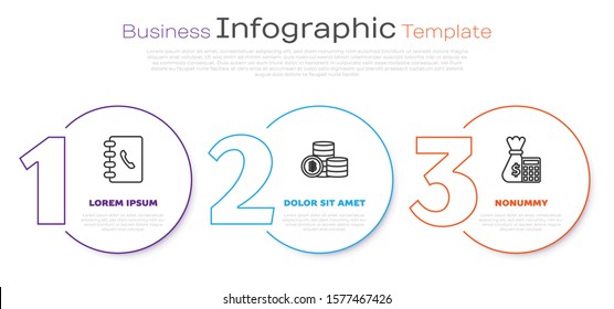 Set line Address book, Cryptocurrency coin Bitcoin and Calculator with money bag. Business infographic template. Vector