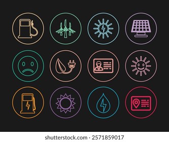 Set line Address book, Cute sun with smile, Solar energy panel, Electric saving plug in leaf, Sad, Petrol or Gas station, Identification badge and Wind turbines icon. Vector