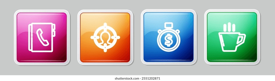 Set line Address book, Head hunting concept, Time is money and Coffee cup. Colorful square button. Vector