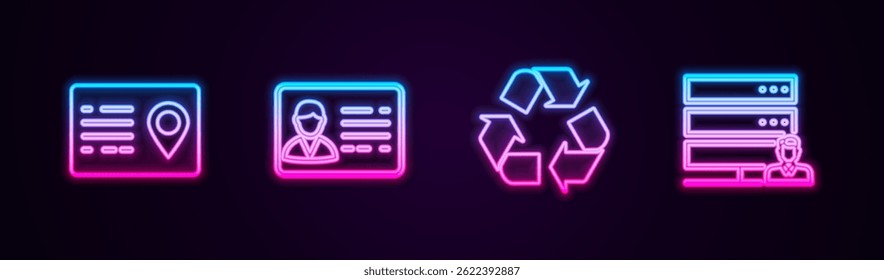 Defina a linha Catálogo de endereços, crachá de identificação, símbolo de reciclagem e servidor de atendimento ao cliente. Ícone de néon brilhante. Vetor