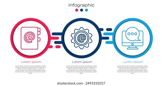 Establecer la Dirección de línea de libro, correo y correo electrónico y mensajes de chat en el monitor. Plantilla de infografía de negocios. Vector