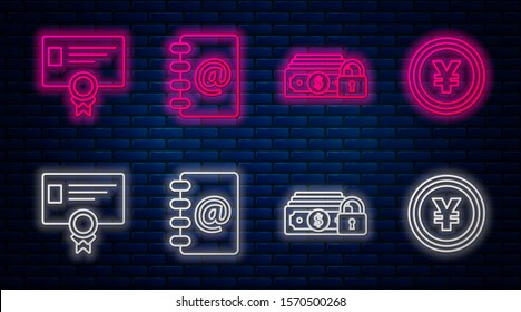 Set line Address book, Money with lock, Certificate template and Coin money with Yen symbol. Glowing neon icon on brick wall. Vector