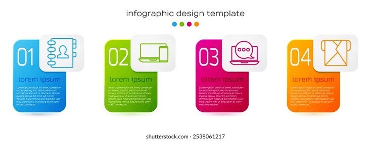 Set line Address book, Monitor and phone, Chat messages notification on laptop and Envelope. Business infographic template. Vector