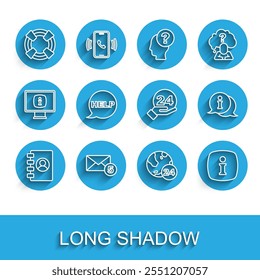 Set line Address book, New, email incoming message, Lifebuoy, Telephone 24 hours support, Information, Speech bubble with text Help,  and  icon. Vector