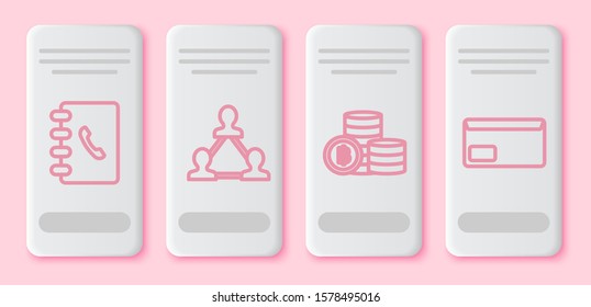 Set line Address book, Project team base, Cryptocurrency coin Bitcoin and Envelope. White rectangle button. Vector