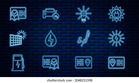 Set line Address book, Solar energy panel, Light bulb with gear, Water, and sun, Certificate template, Signature and Hydrogen car icon. Vector