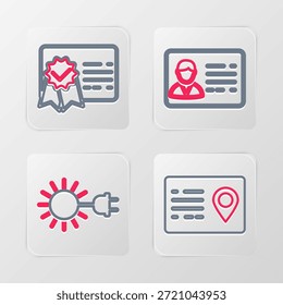 Defina a linha Catálogo de endereços, Sun com plugue elétrico, distintivo de identificação e ícone do modelo do certificado. Vetor