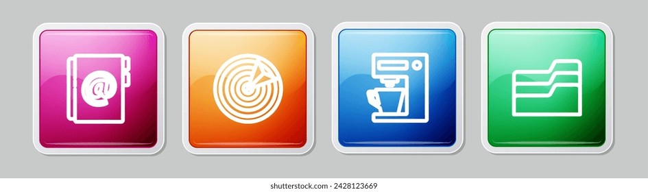 Establecer la línea Libreta de direcciones, Deporte de destino, Cafetera y carpeta de documentos. Botón cuadrado colorido. Vector