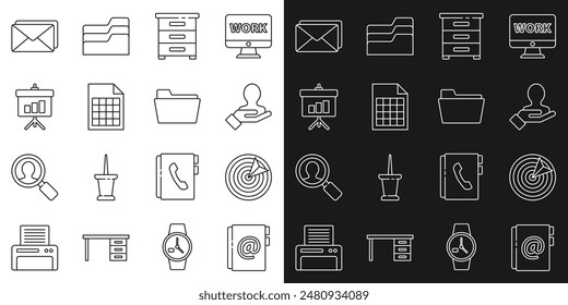 Establecer el libro de Dirección de línea, deporte de destino, mano para buscar personas, cajón con documentos, archivo, diagrama de pizarra, sobre e icono de carpeta de documento. Vector