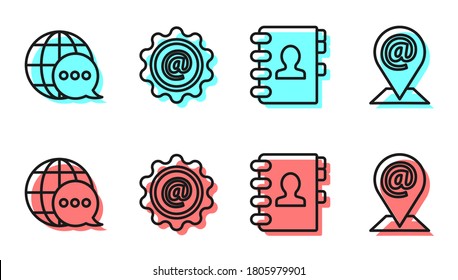 Set line Address book, World map made from speech bubble, Mail and e-mail and Location and mail and e-mail icon. Vector